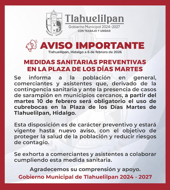 TLahuelilpan refuerza medidas sanitarias por alerta de sarampión | Facebook: Gobierno Municipal Tlahuelilpan 2024 - 2027
