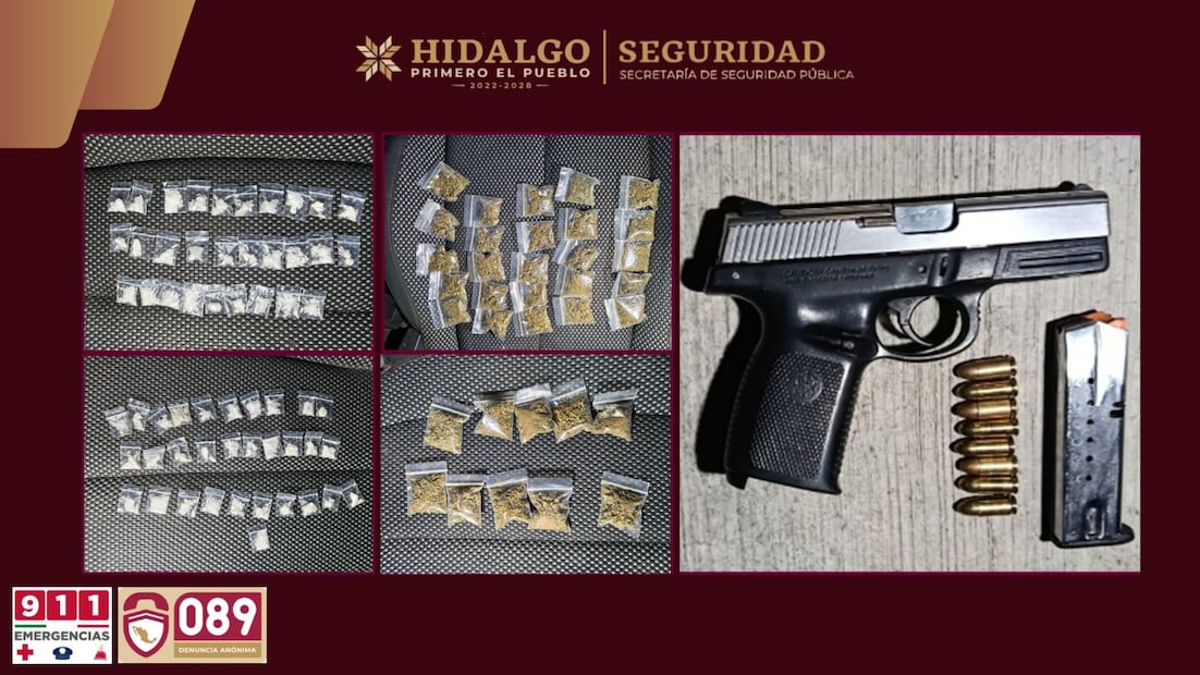Detienen a cuatro personas con arma y presunta droga en Tezontepec de Aldama | Foto: SSPH