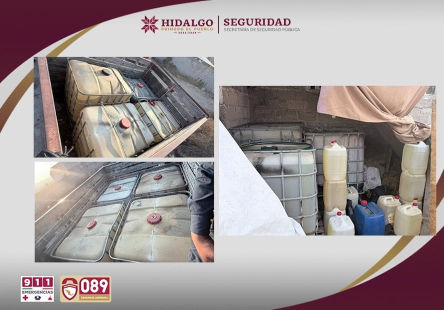 Aseguran tres camionetas y más de 7 mil litros de combustible ilegal en Tepeapulco | Fotos: SSPH