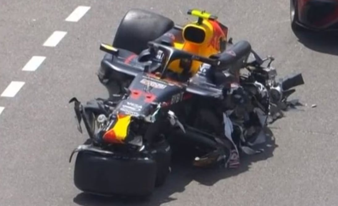 Así quedó el auto de Checo Pérez tras la largada del Gran Premio de Mónaco - Foto: Captura de pantalla