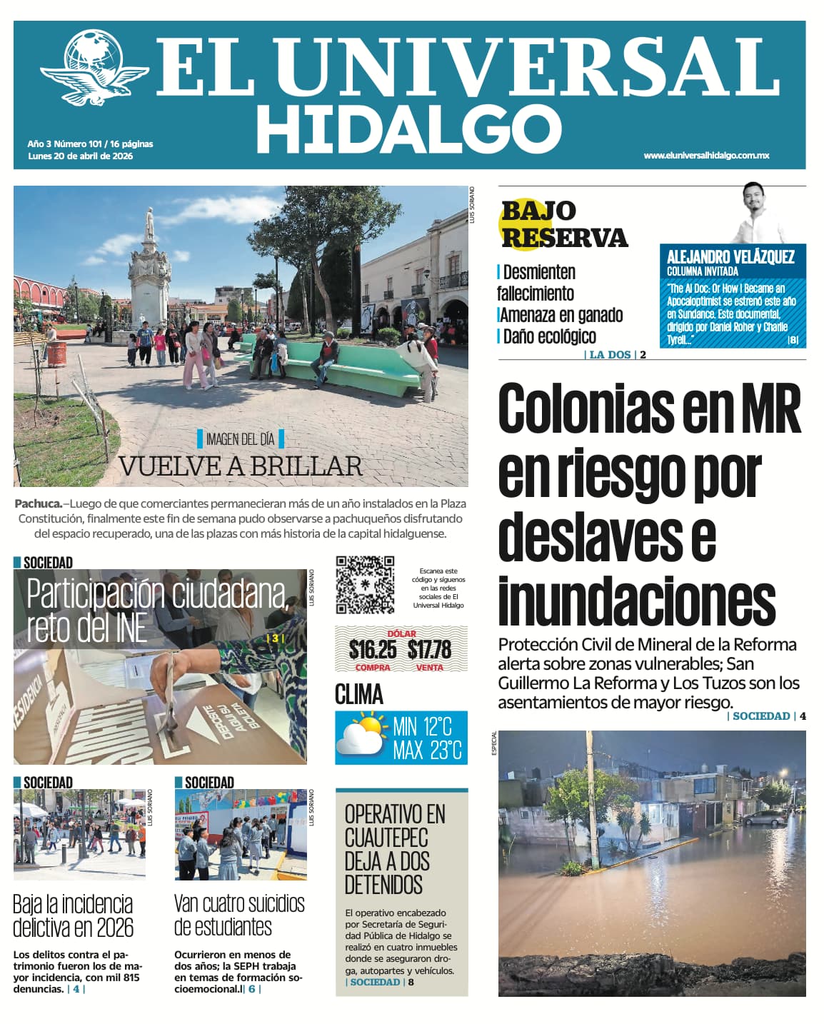 Portada El Universal Hidalgo 20/4/26