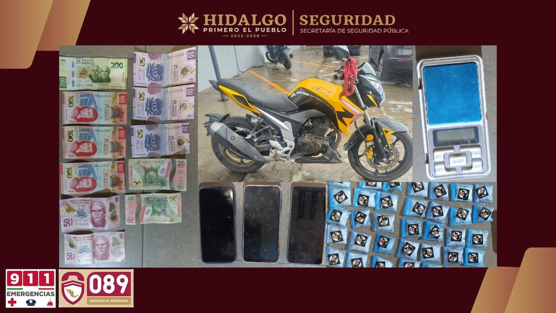 Aseguran a presunto narcomenudista en Tlahuelilpan con más de 100 dosis de droga | Fotos: SSPH