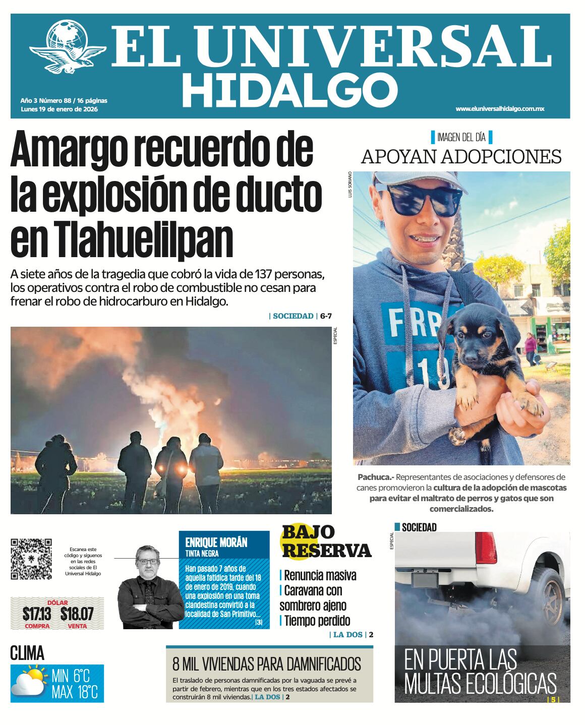 Portada El Universal Hidalgo 19/1/26