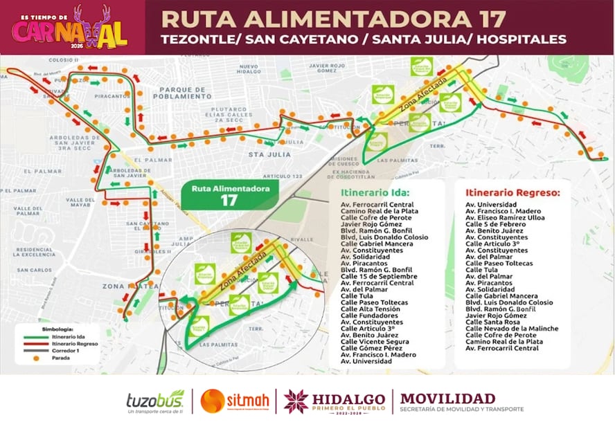 Ajustan operación del Tuzobús por “Es Tiempo de Carnaval 2026” en Pachuca | Cortesía: SEMOT