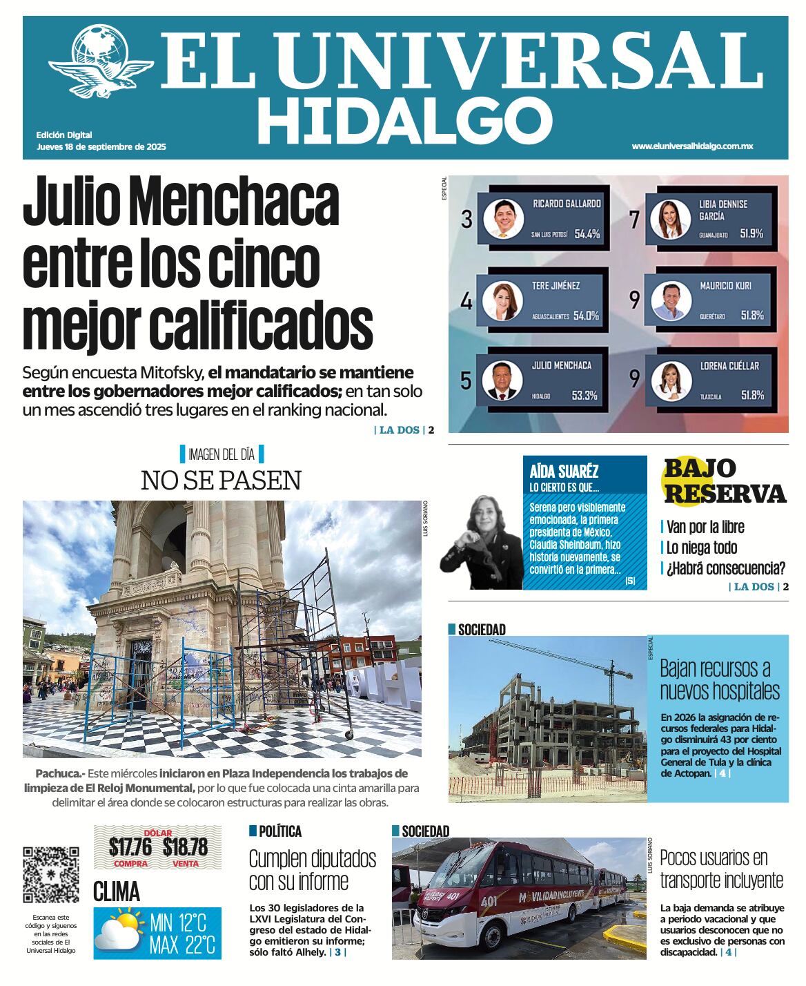 Portada El Universal Hidalgo 180925