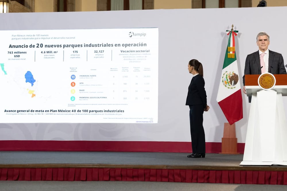 La presidenta Claudia Sheinbaum durante su conferencia mañanera en Palacio nacional. En la imagen David O'Donnell, presidente del Consejo Directivo de la AMPIP. Foto Agencia EL UNIVERSAL/Yaretzy Osnaya/AJV