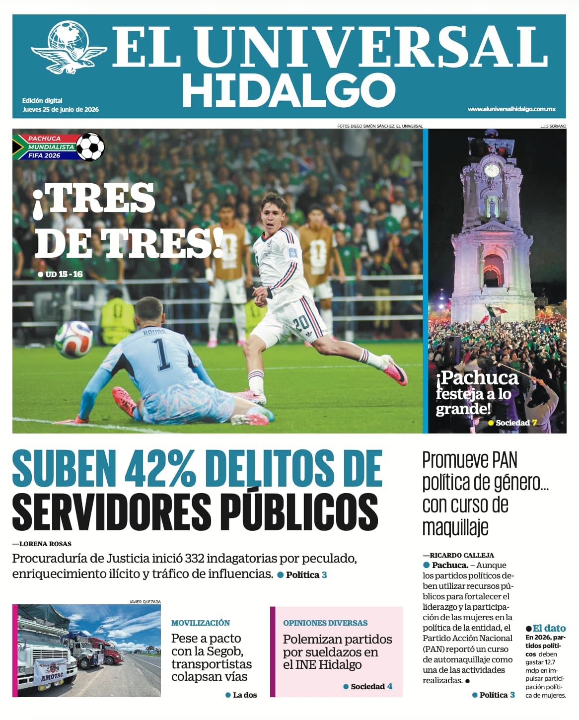 Portada EL Universal Hidalgo 25/6/26