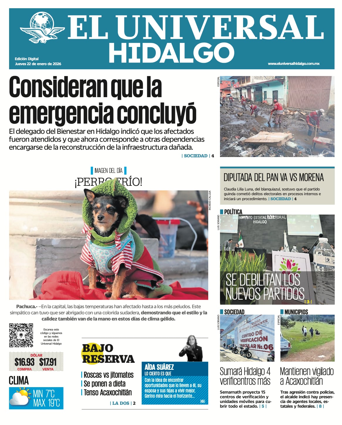 Portada El Universal Hidalgo 22/1/26