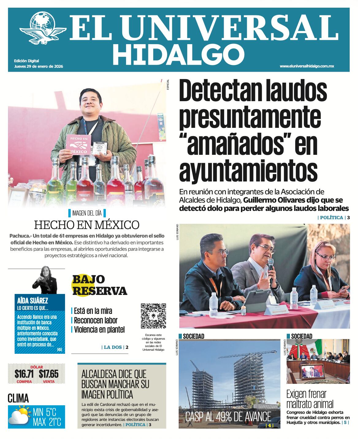 Portada EL Universal Hidalgo 29/1/26