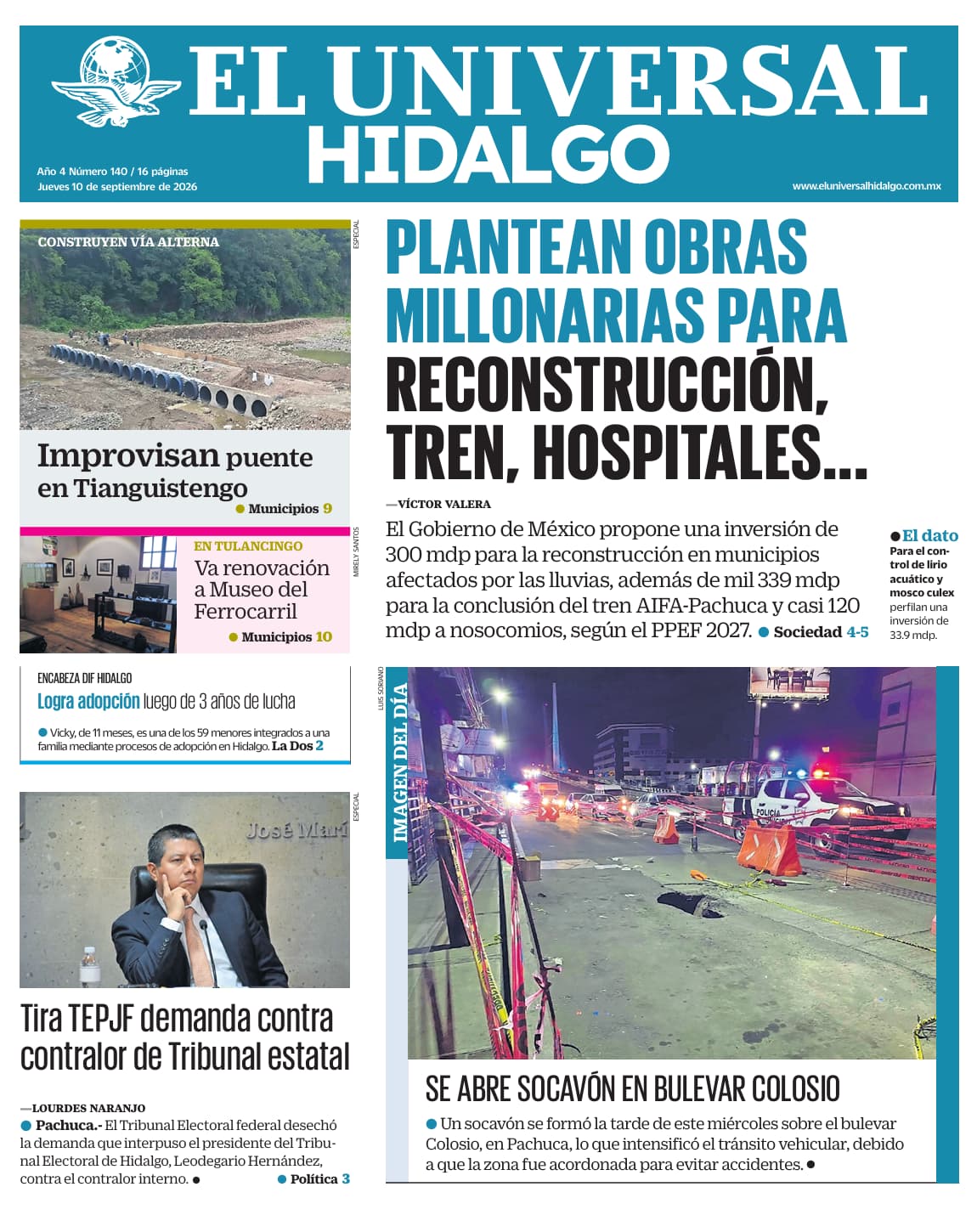 Portada El Universal Hidalgo 10/9/26