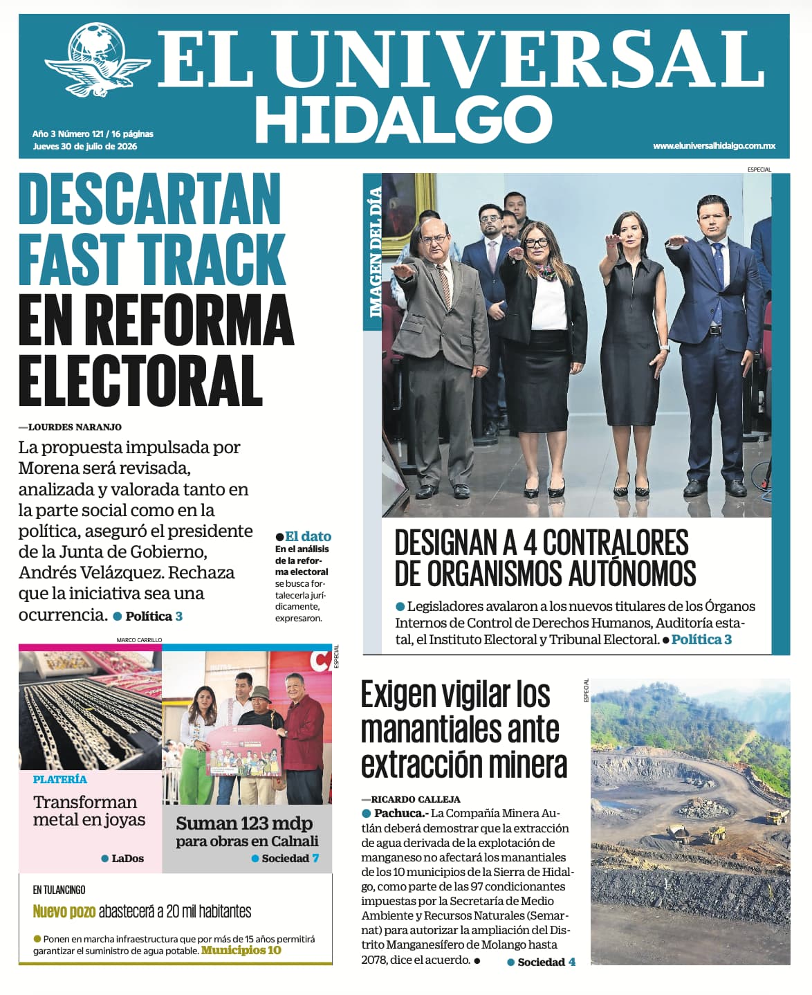 Portada EL Universal Hidalgo 30/7/26