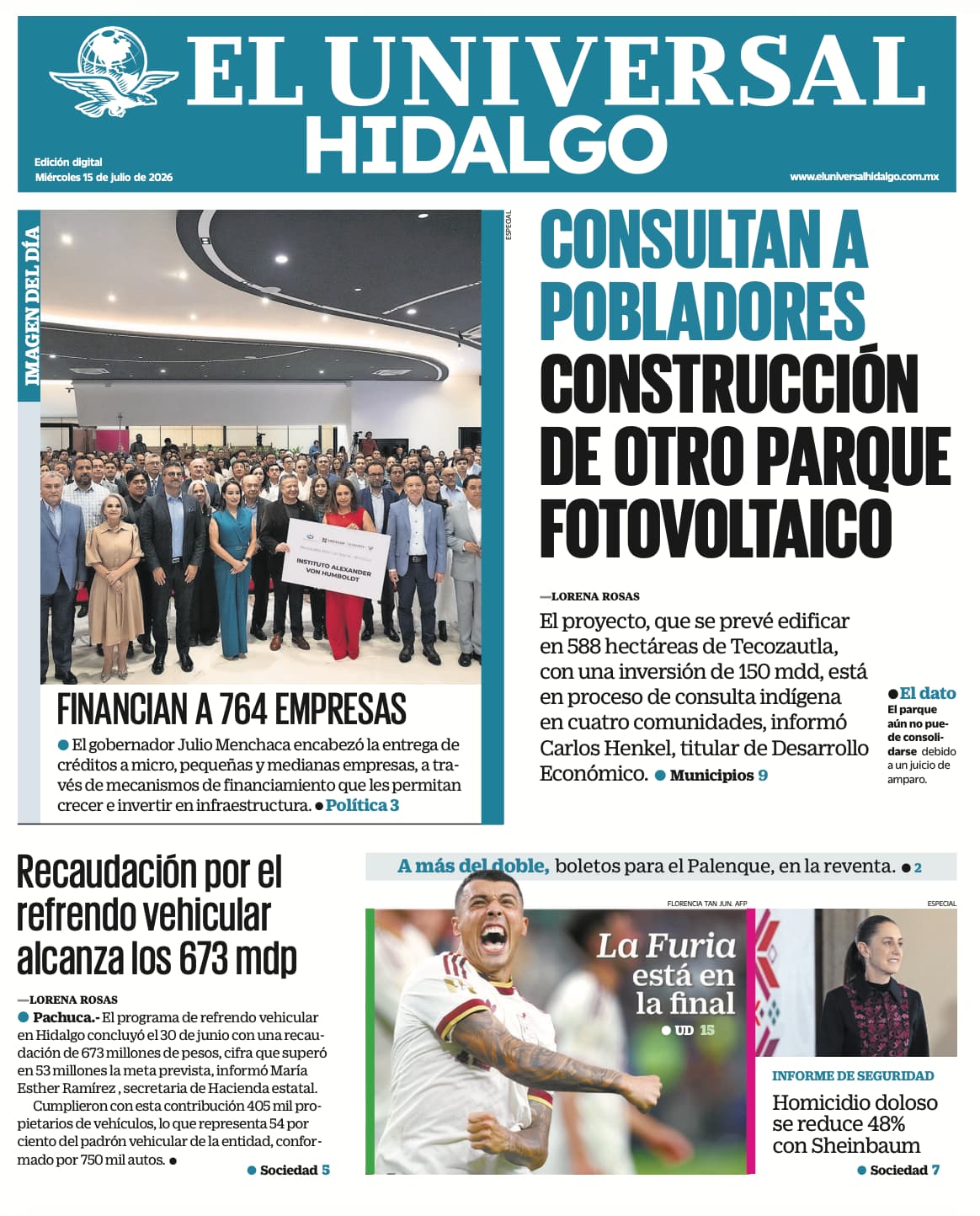 Portada El Universal Hidalgo 15/7/26