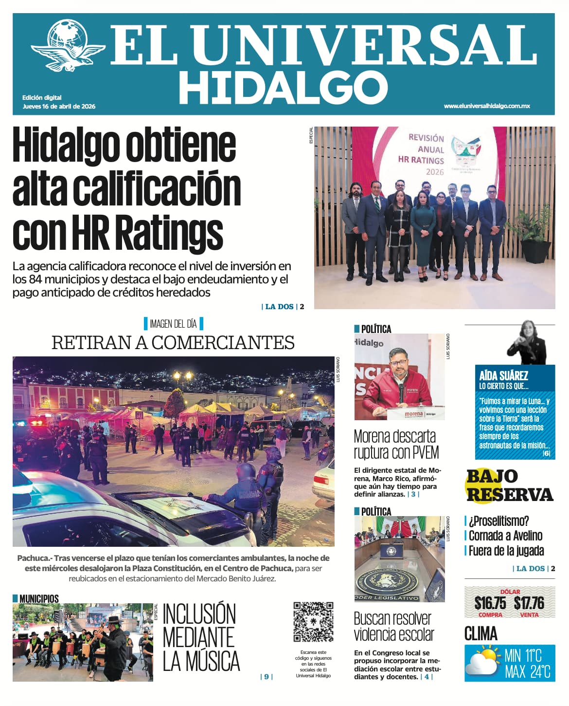 Portada El Universal Hidalgo 16/4/26