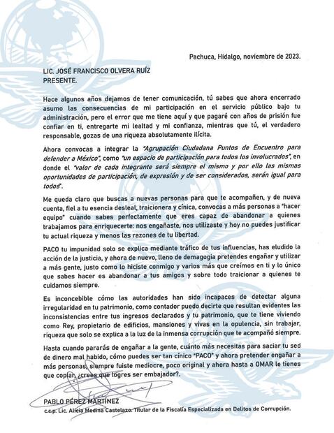 Escrito a Francisco Olvera