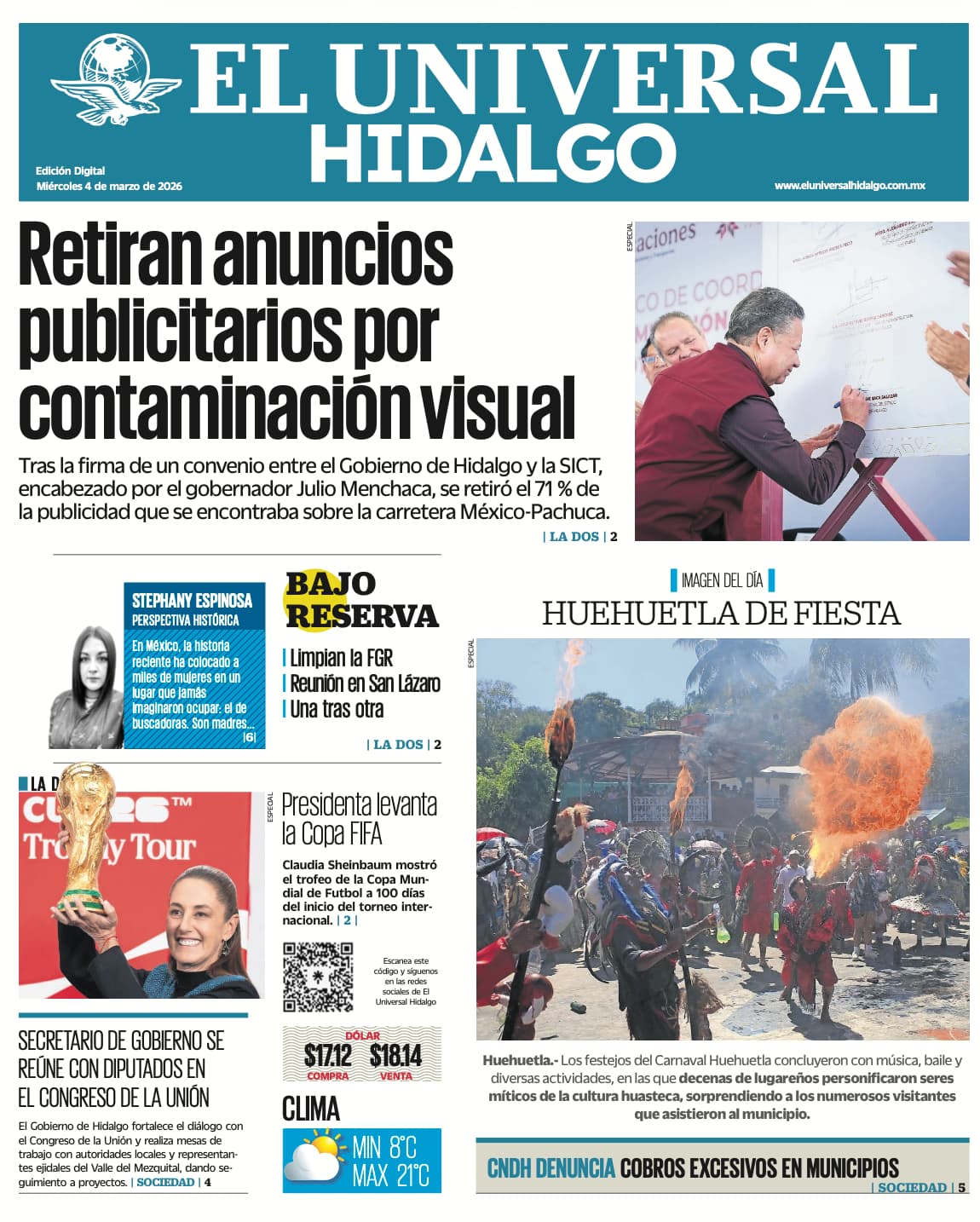 Portada EL Universal Hidalgo 4/3/26