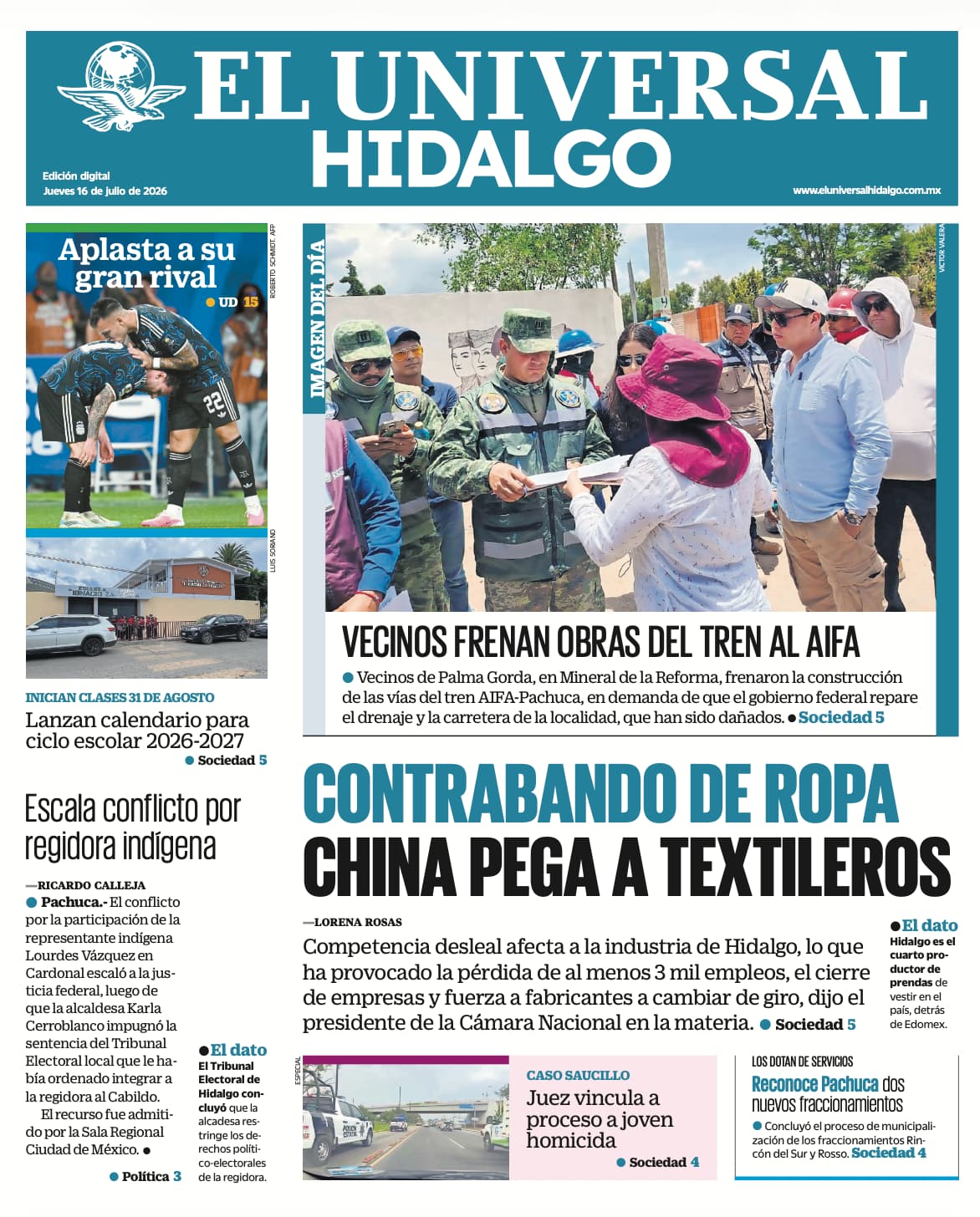 Portada El Universal Hidalgo 16/7/26