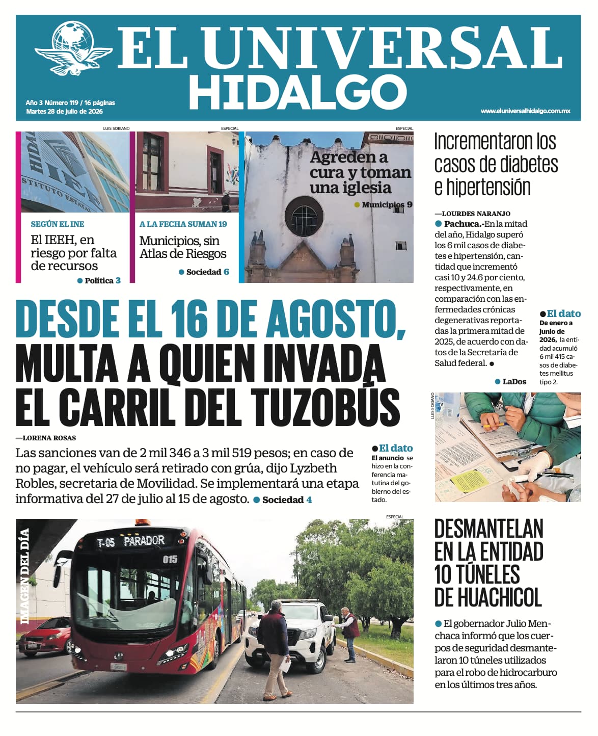 Portada El Universal Hidalgo 29/7/26