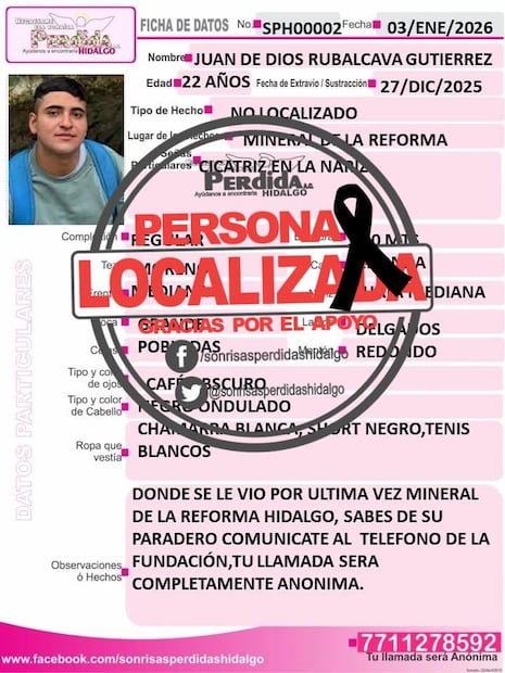Avanzan investigaciones por doble homicidio de personas reportadas como desaparecidas en Hidalgo | Facebook: Sonrisas Perdidas Hidalgo