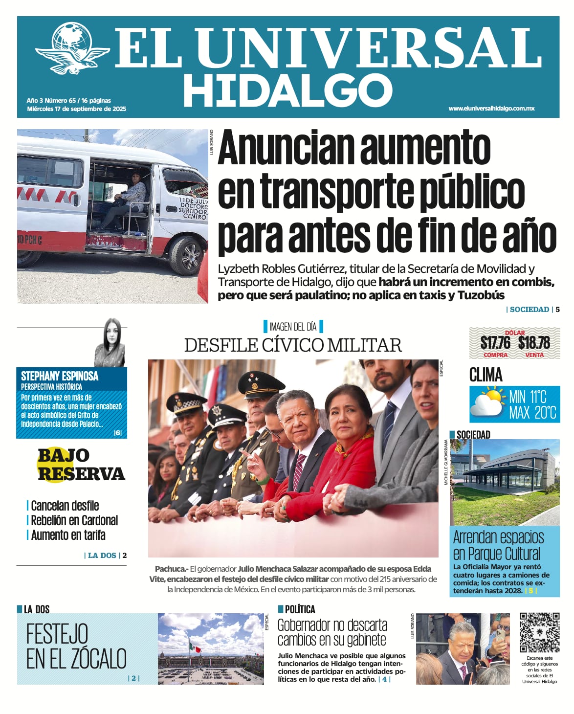 Portada El Universal Hidalgo 17/9/25