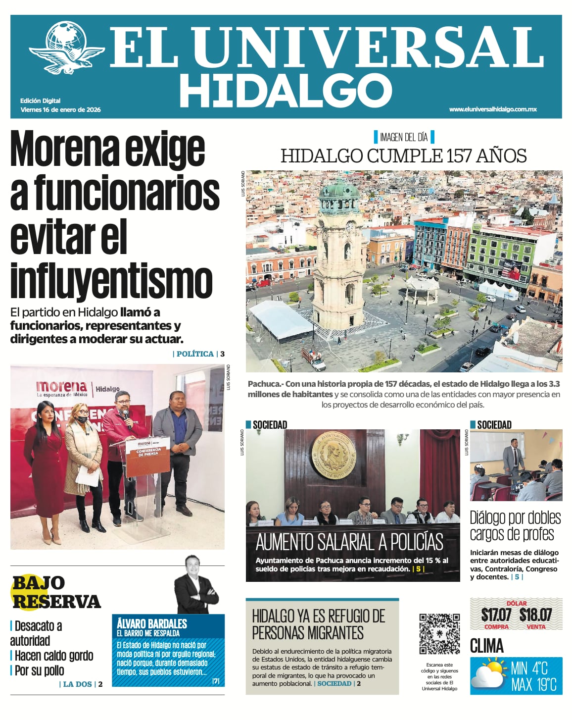 Portada El Universal Hidalgo 16/1/26