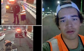 Horacio Hierro, activista repara baches en bulevar Colosio de Pachuca; patrulla lo auxilia