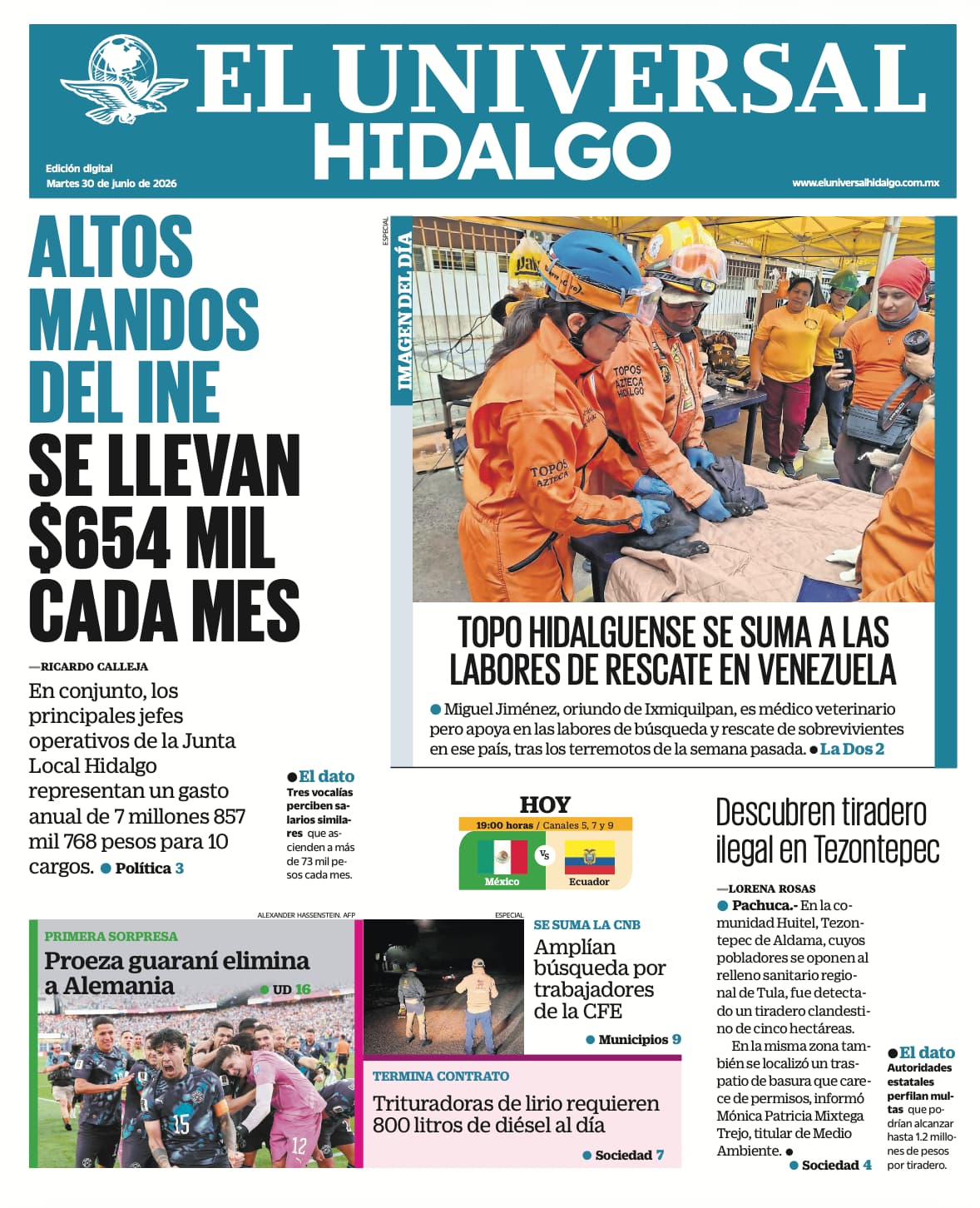 Portada El Universal Hidalgo 30/6/26