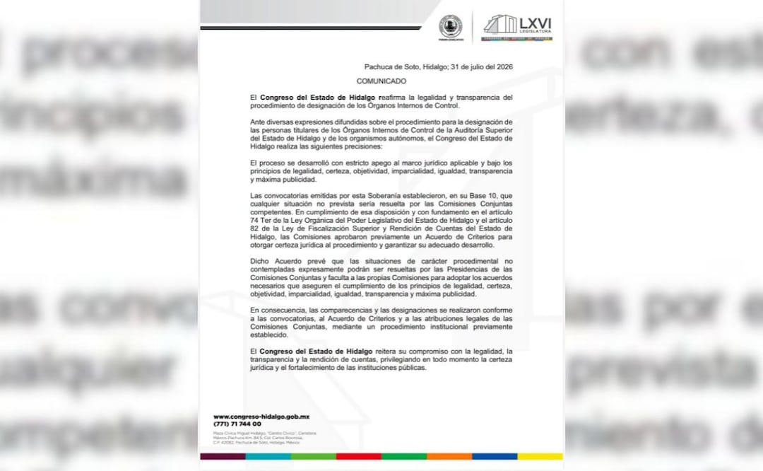 Congreso de Hidalgo defiende designación de contralora del IEEH y asegura apego a la legalidad