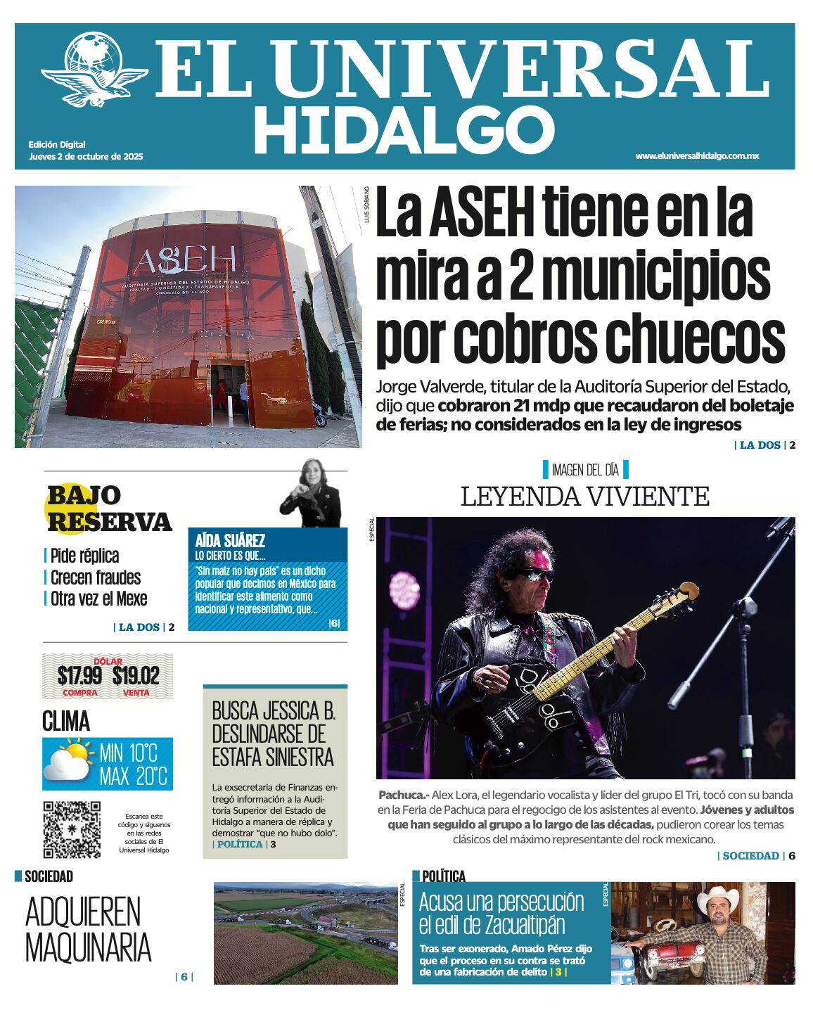 Portada El Universal Hidalgo 2/10/25