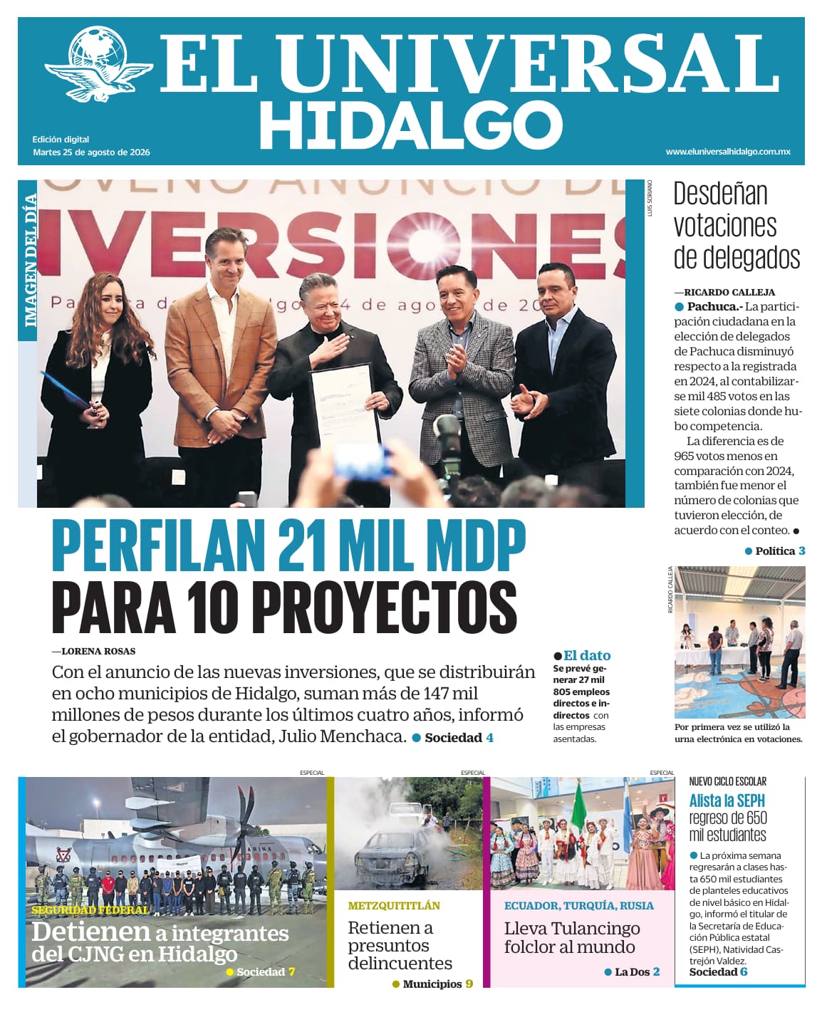 Portada El Universal Hidalgo 25/8/26