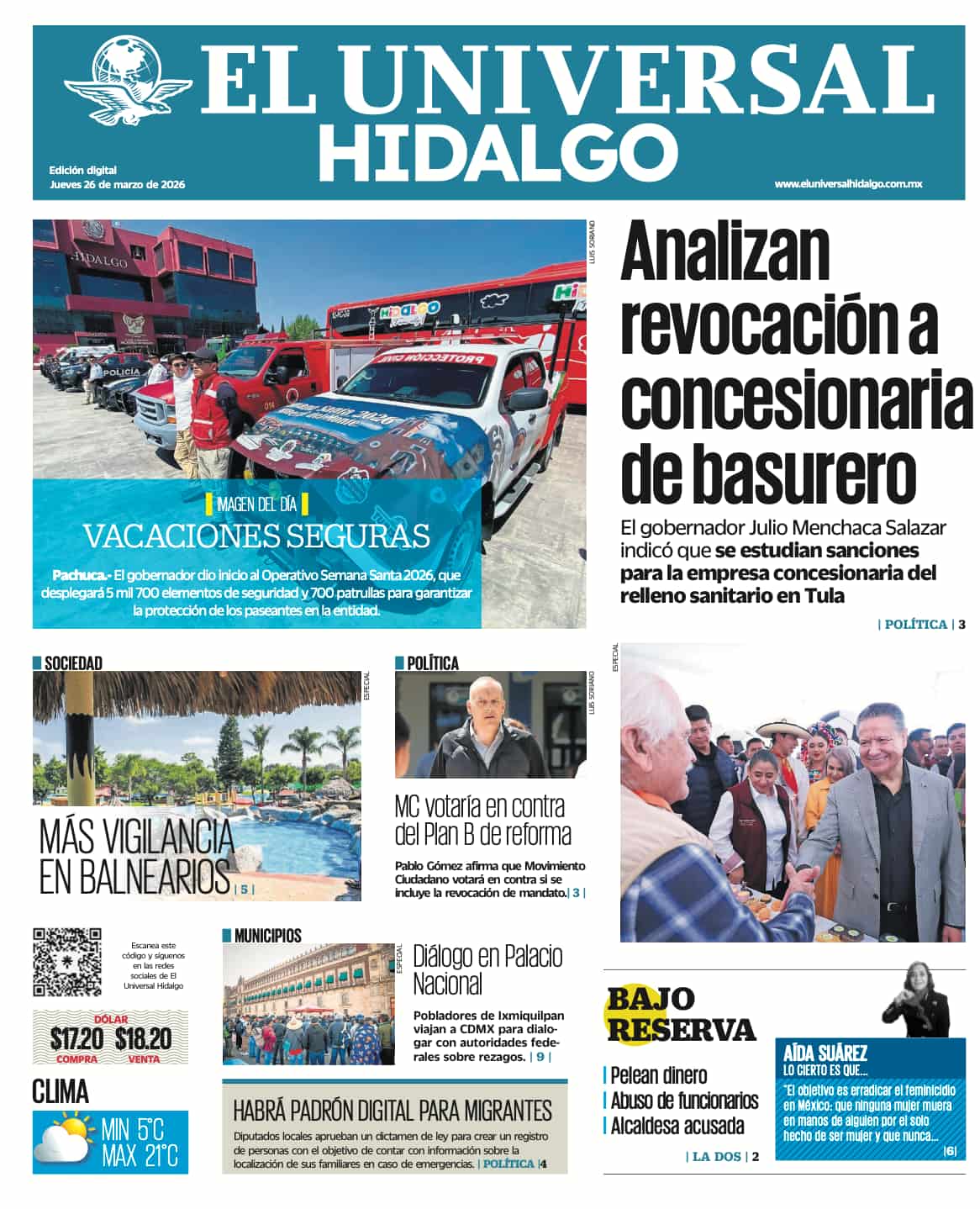 Portada El Universal Hidalgo 26/3/26