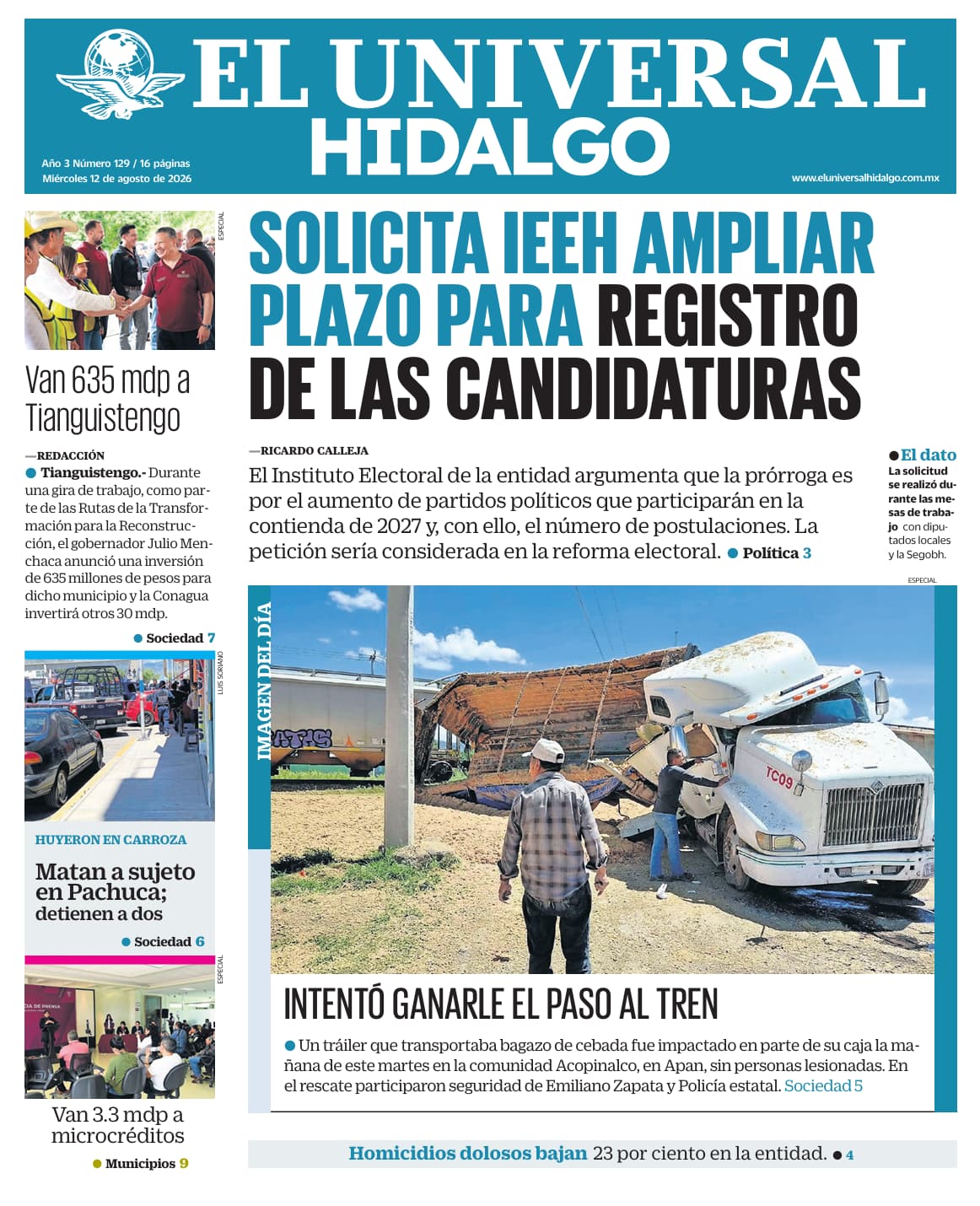 Portada El Universal Hidalgo 12/8/26
