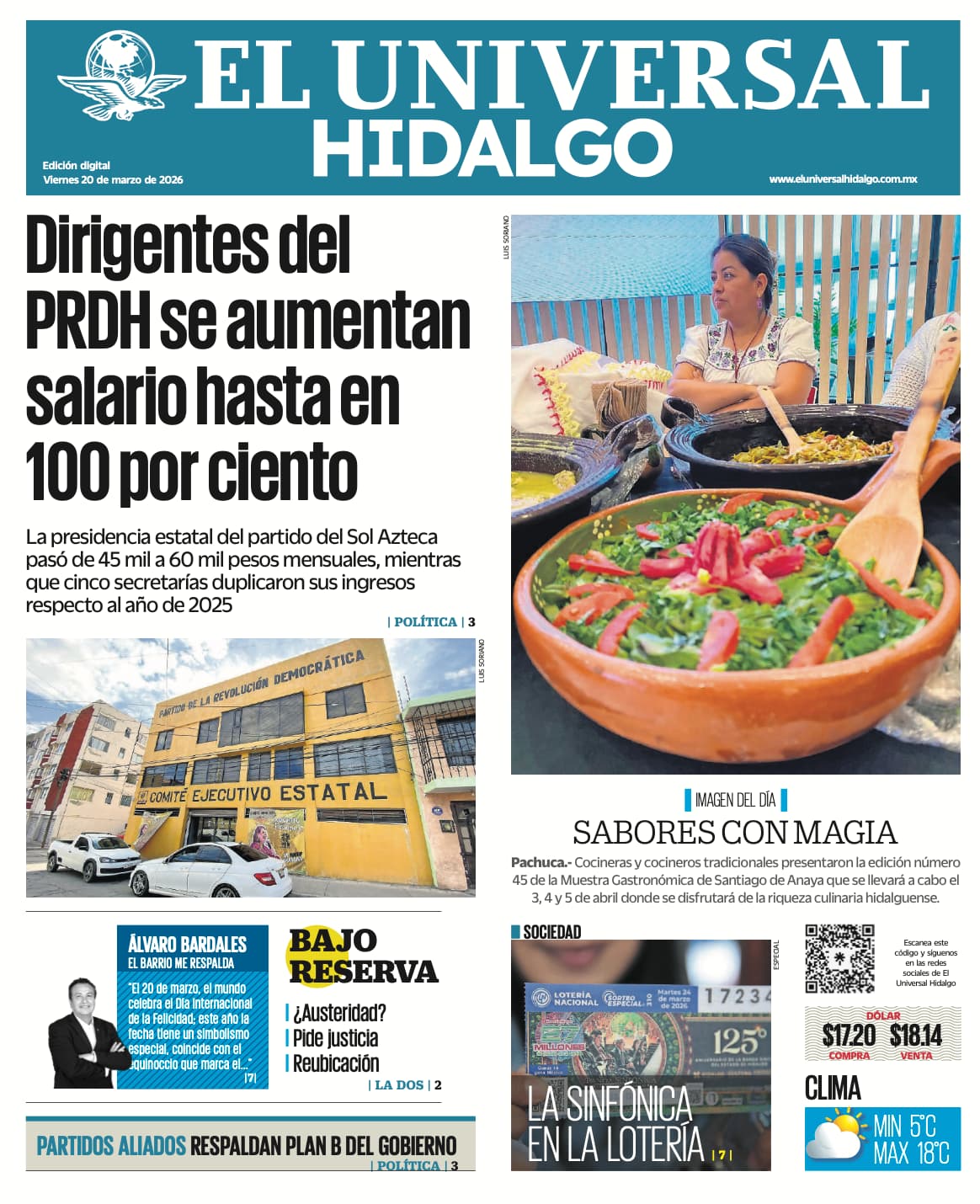 Portada El Universal Hidalgo 20/3/26