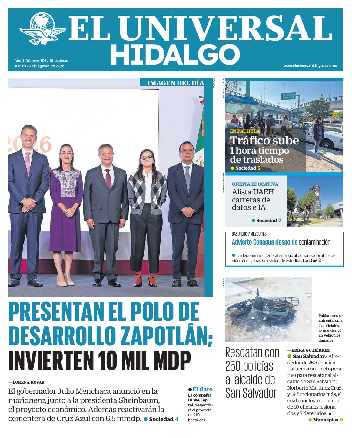 Portada EL Universal Hidalgo 20/8/26