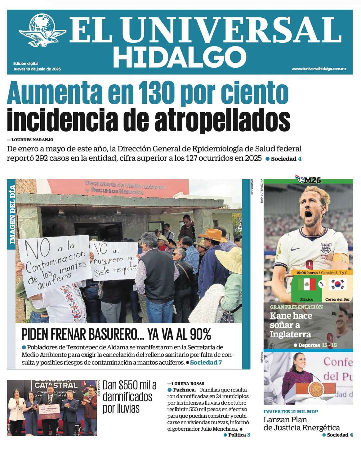 Portada El Universal Hidalgo 18/6/26