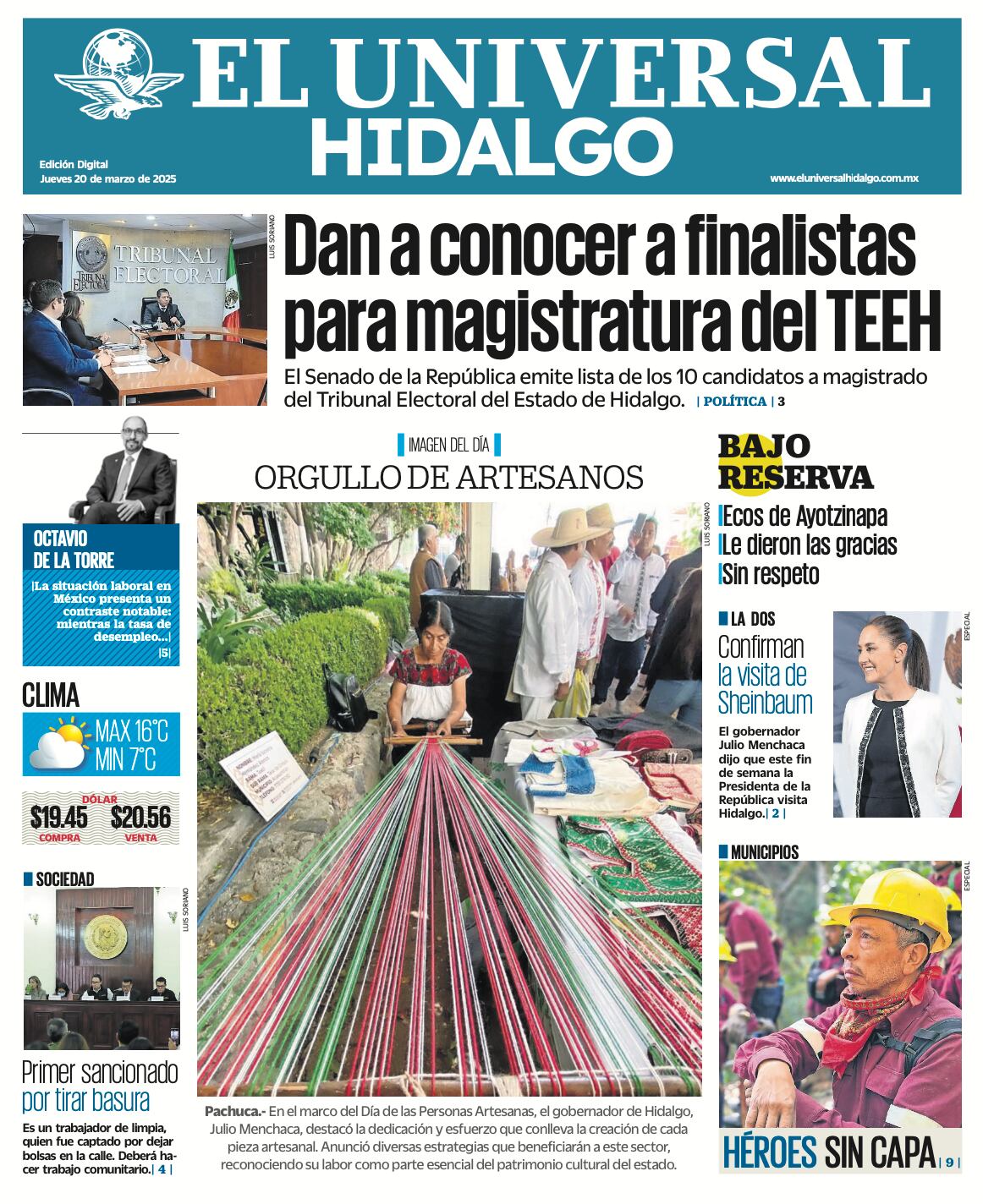 Portada El Universal Hidalgo 200325