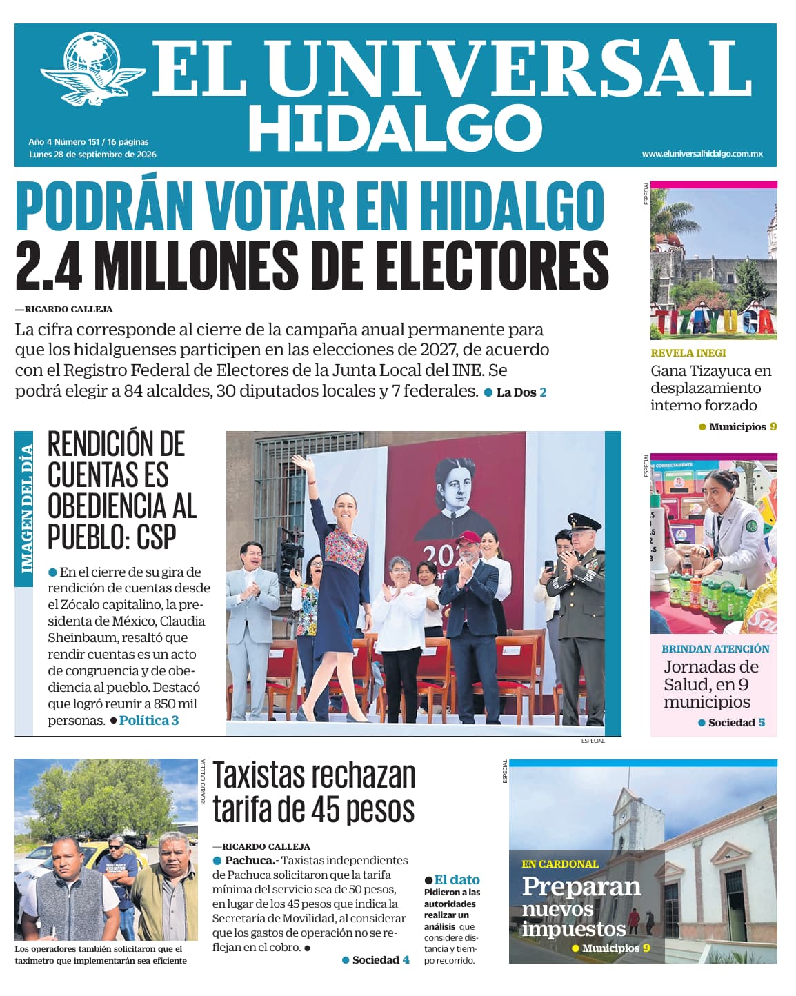 Portada El Universal Hidalgo 28/9/26