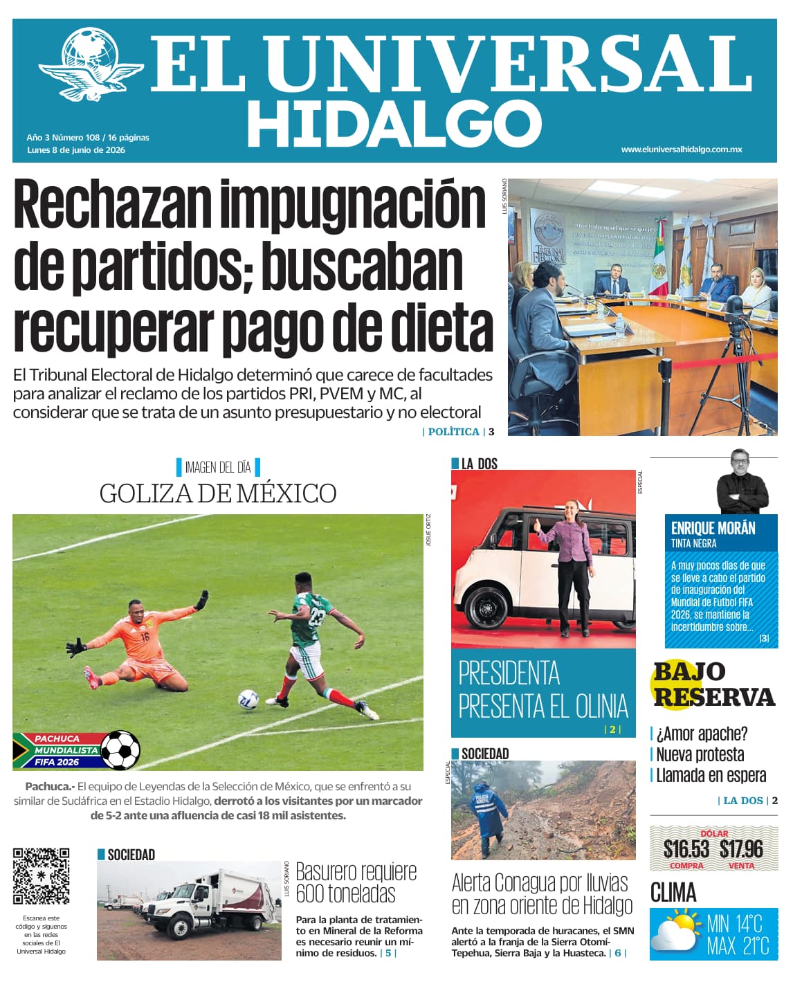 Portada El Universal Hidalgo 8/6/26