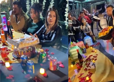 Familia festeja cumpleaños en puente peatonal