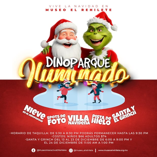 DinoParque Iluminado transforma el invierno en Pachuca con una experiencia prehistórica y navideña | Facebook: Museo Interactivo El Rehilete