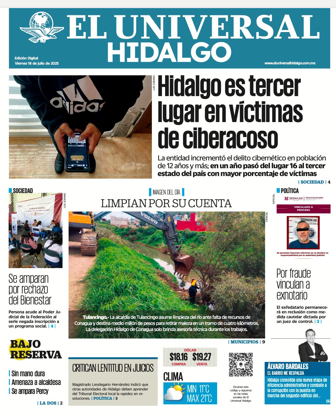 Portada El Universal Hidalgo 180725