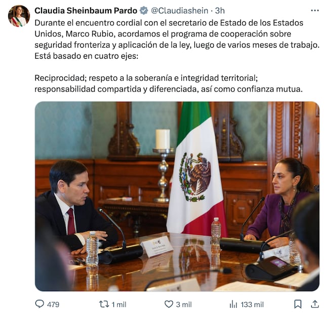 La presidenta Claudia Sheinbaum se reunió con el secretario de Estado de EU, Marco Rubio, este 3 de septiembre del 2025. Foto: Tomada de la cuenta de X de @Claudiashein
