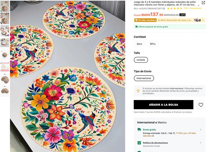 Denuncian presunta apropiación de bordados hidalguenses en plataforma SHEIN | Captura de pantalla