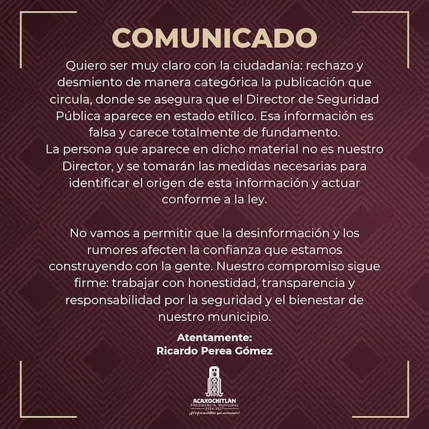 Alcalde de Acaxochitlán desmiente acusaciones contra policías por presunto consumo de alcohol | Facebook: ayuntamiento de Acaxochitlán