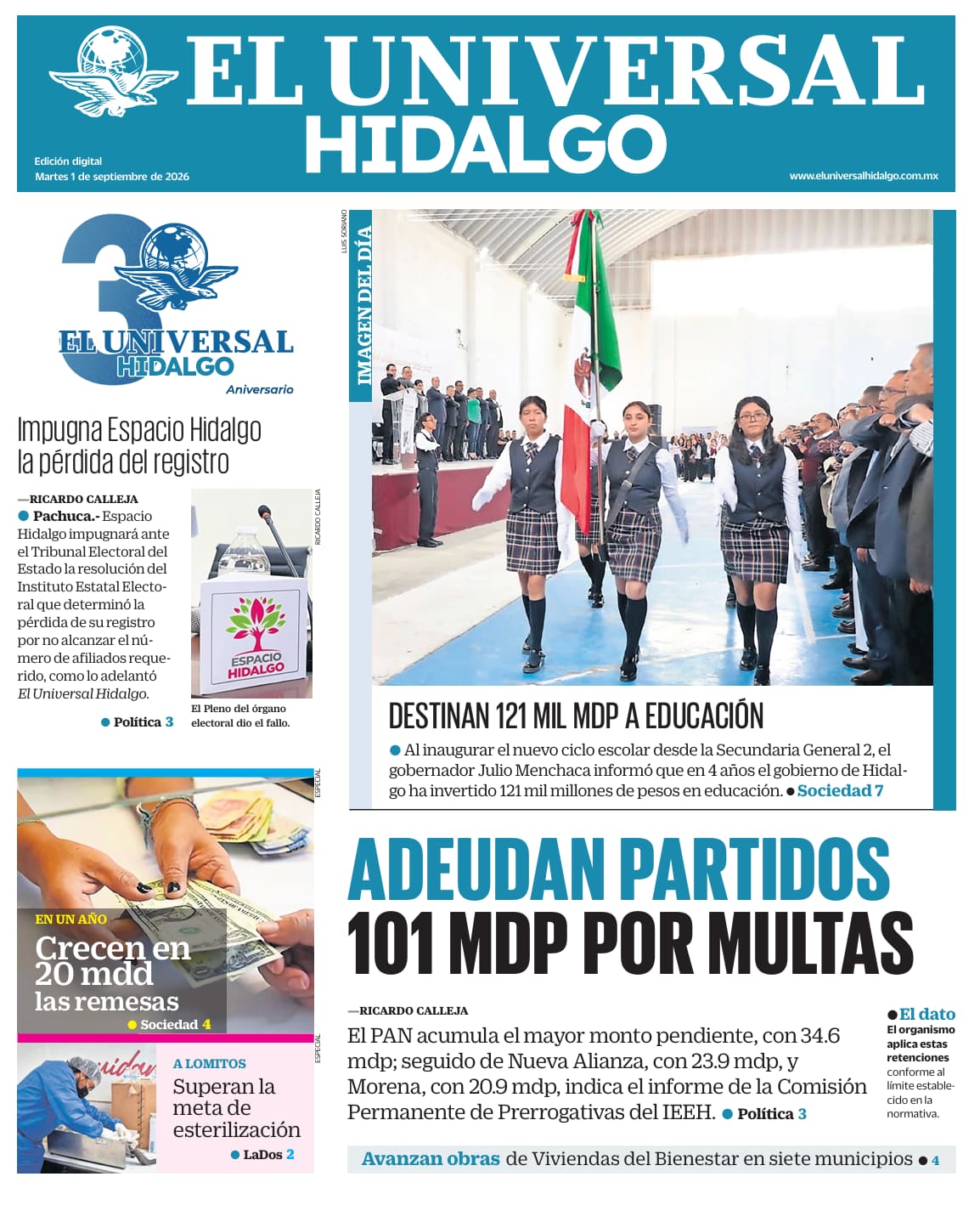 Portada El Universal Hidalgo 1/9/26