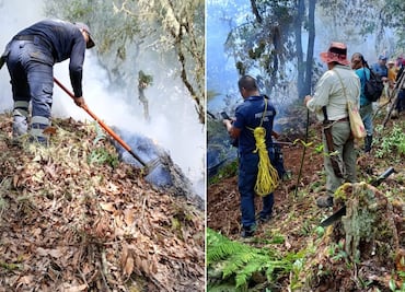 Vecinos de Santa María combaten incendio forestal en Tlanchinol