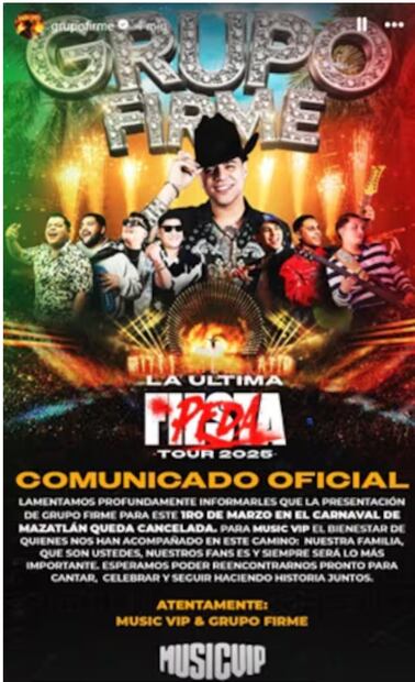 Grupo Firme cancela su presentación en Mazatlán