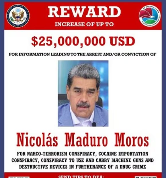 La DEA publicó la recompensa por Nicolás Maduro. Foto: DEA