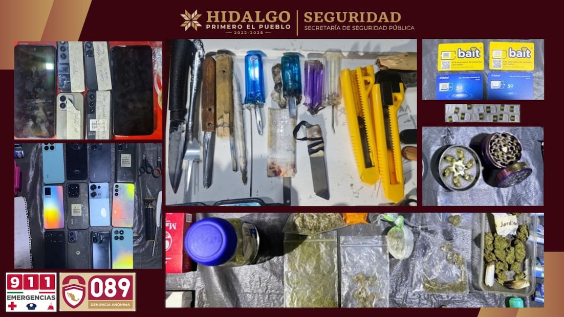 Decomisan celulares, droga y armas hechizas en Ceresos de Pachuca y Tulancingo | Fotos: SSPH