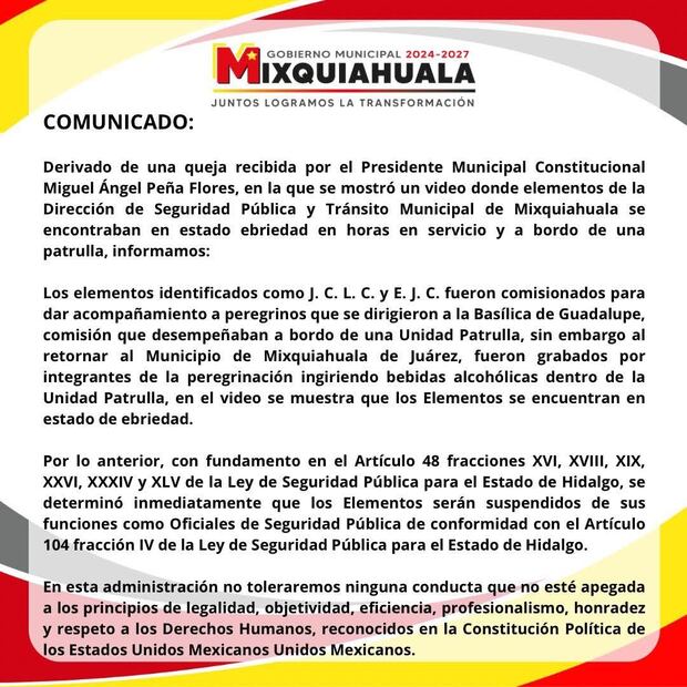 Policías de Mixquiahuala son destituidos por conducir en estado de ebriedad durante peregrinación | Cortesía: Ayuntamiento de Mixquiahuala