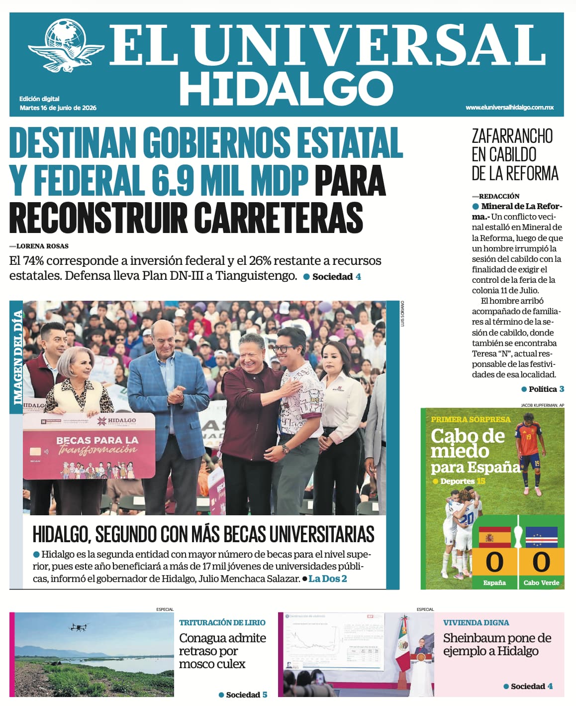 Portada El Universal Hidalgo 16/6/26